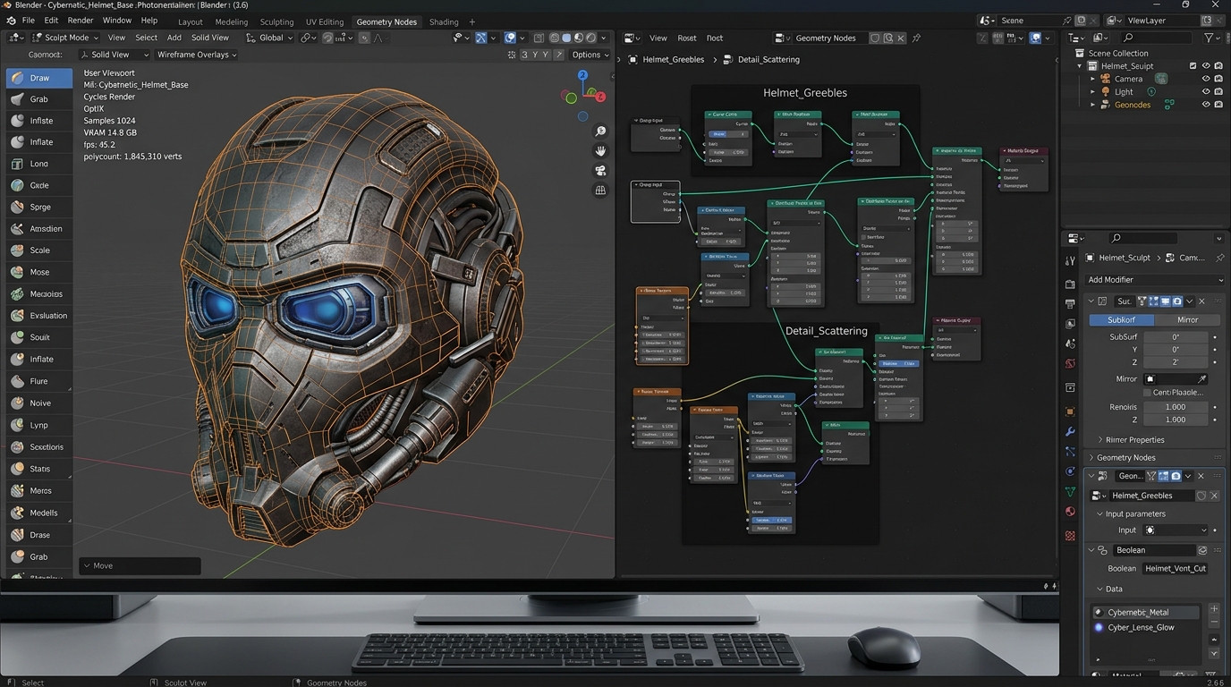 Blender 3D Cyber Armor Sculpting and Geometry Nodes